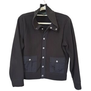 Lauren Ralph Lauren Fleece Jacket M Black Snap Front Utility Coat Military Cozy